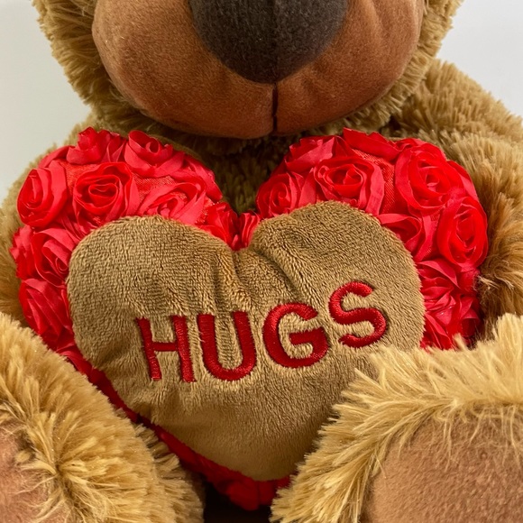 Brown Bear Holding Red Rose Heart Pillow Plush Stuffed Animal. - Picture 2 of 12